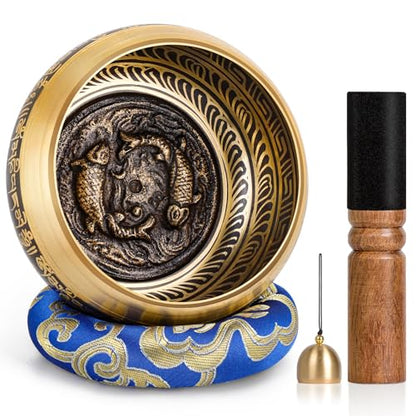 Tibetan Singing Bowls – Hand-Hammered in Nepal, Authentic Meditation Sound Bowls for Yoga, Chakra Healing, Mindfulness & Spiritual Self-Care Gifts for Women - color: Blue(Fish)