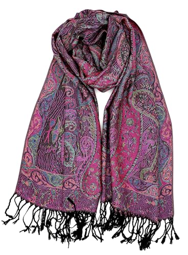 Achillea Reversible Paisley Pashmina Rave Scarf – Exotic Indian Shawls and Wraps for Evening Dresses, Festivals, All Seasons - color: Tapestry Fuchsia