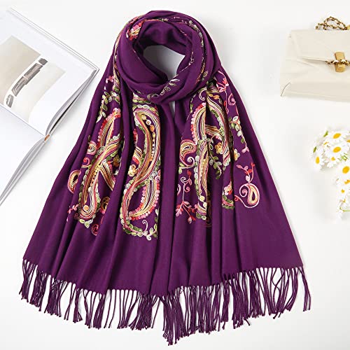 Embroidered Brushed Shawl Paisley Leaves Pattern Scarf Soft Ponchos Wrap Cape With Fringes - color: 020-purple