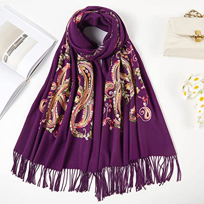 Embroidered Brushed Shawl Paisley Leaves Pattern Scarf Soft Ponchos Wrap Cape With Fringes - color: 020-purple