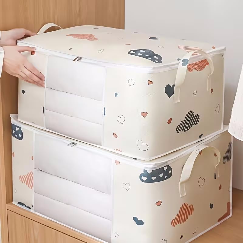 2pcs/set Large Capacity Wardrobe Storage Bag Fabric Dustproof Handles Printed Closet Organizer For Clothes Quilts, Navy&blue