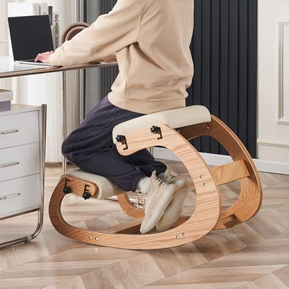 Ergonomic Kneeling Chair, Adjustable Rocking Office Chair Wooden Knee Chair Posture Chair for Home Office Back Pain Relief, Beige - color: Beige