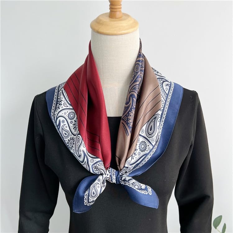 ANDANTINO 100% Mulberry Silk Square Scarf for Hair-25.6" X25.6'' Women Men Natural Silk Neckerchief Digital Printed Headscarf - color: Burgundy&navy