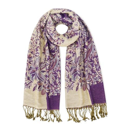 Silky Paisley Pashmina Shawl Scarf-Women's Soft Double-side Jacquard Pashminas Wrap for Evening Dress Travel Shawl - color: B-purple/Beige