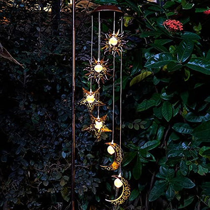 Tryme Solar Wind Chimes for Outside with Sun Moon Star Solar Hanging Lights Windchimes Outdoors Garden Decor Gifts for Mother, Grandma, Sister