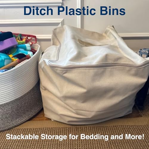Heavy-duty 18x18x18 Canvas Storage Bag - Ottoman with Zipper – Large Fabric Cube Tote with Handles for Home Organization - Beige