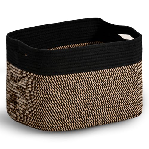 ICERZCZ Woven Cotton Rope Storage Basket for Organizing, Cute Decorative Baskets for Gifts Empty, Organizer Bins for Dog Toy, Baby Laundry, 15“×11”×9.5“, Jute & Black - color: Jute & Black, size: 15“(l)×11”(w)×9.5“(h)