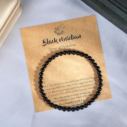 MAIBAOTA Healing Crystal Bracelet for Women Men, 8/4 mm Natural Stone Beaded Bracelets, Jewelry Birthday Gifts, Round Gemstones Stretch Bracelets - color: Black-Obsidian, size: 4 mm