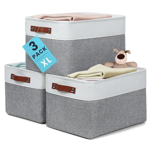 OrganiHaus 16x12.5in Canvas Storage Baskets 3 Pack | EXTRA LARGE Fabric Bins for Shelves | Linen Closet Organizer | Gray/Off-White - color: Gray / Off-White, size: Extra Large - 3pc