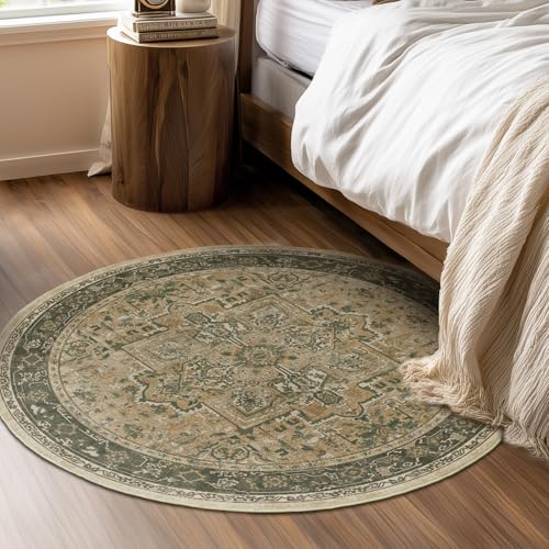 Brown Olive Round Washable Rugs 5ft, Vintage Medallion 5 Feet Circle Rug for Living Room Under Coffee Table, Low Pile Thin Non Slip 5x5 Round Area Rug Carpet for Dining Room/Bedroom/Entry - color: Medallion-brown/Olive, size: 5' (Round)