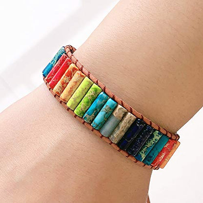 7 Chakra Bracelet Bohemian Handmade Leather Wrap Healing Protection Natural Stone Yoga Beaded Bracelets Boho Friendship Jewelry - color: Chakra 6