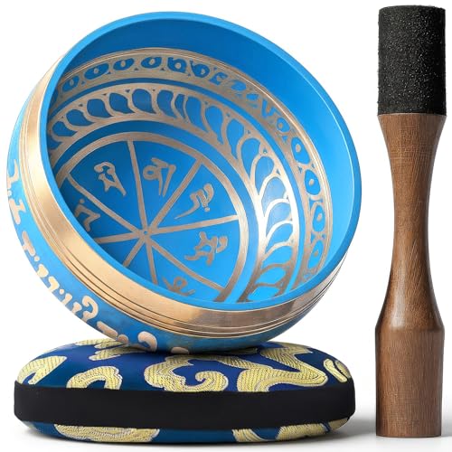 Silent Mind Tibetan Singing Bowl Set – Easy to Play & Beginner Friendly Meditation Bowl with Cushion & Mallet | Stress Relief & Mindfulness | Gift-Ready - color: Blue, size: Without Case