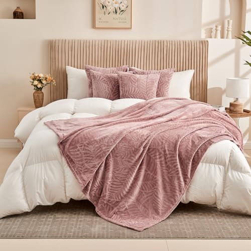 Super Soft Flannel Fleece Throw Blanket, Lightweight Cozy Warm Leaves Textured Plush Blanket for Bed Couch Sofa, 60 x 80 Inches, Dusty Rose - color: Dusty Rose, size: 60x80 IN