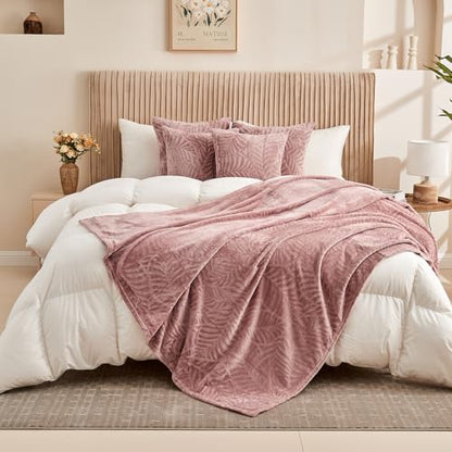 Super Soft Flannel Fleece Throw Blanket, Lightweight Cozy Warm Leaves Textured Plush Blanket for Bed Couch Sofa, 60 x 80 Inches, Dusty Rose - color: Dusty Rose, size: 60x80 IN