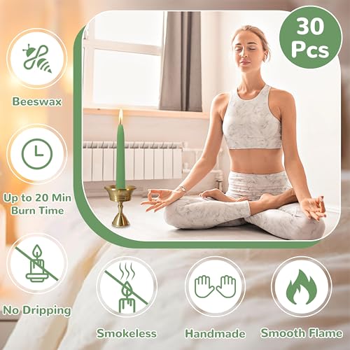 20 Min Sage Green Meditation Candles – 30 Pack, Includes Mini Candle Holder & 12 Wax Dots, Slow Burn, Natural Unscented, Yoga Prayer Mindfulness & Relaxation - color: Green, size: 30 Pack