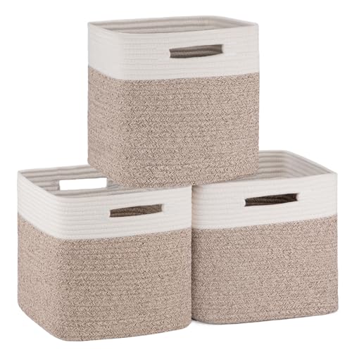 OIAHOMY Cube Storage Basket, 3-Pack Woven Cotton Rope Baskets, 11-Inch Cube Basket with Handles, Great for Shelves, Closets, Children's Toy Organization - White & Brown - color: White & Brown