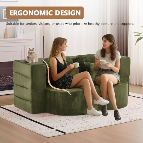 2-in-1 Folding Sofa Bed with Pillow, No Assembly Futon Twin Size Sofa Bed, Breathable Velvet Convertible Couch Bed for Living Room and Guest Room, 78.7 Inch, Green - color: Green-78.7", size: 2 seat