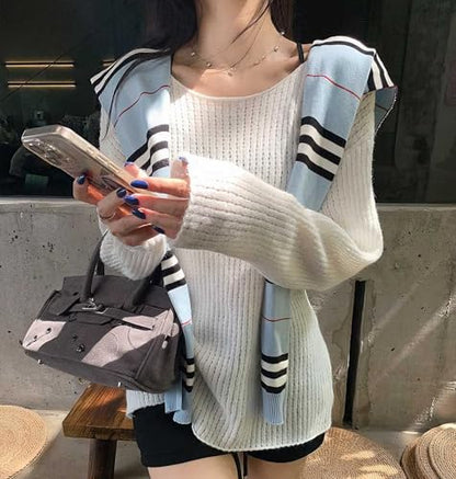 WaJuemy Sweater Shawl Wraps for Women Sweater Knitted Knotted Shawls Travel Casual Scarf Cape Shoulder Tops Fashion Wrap - color: 36 Skyblue/Black