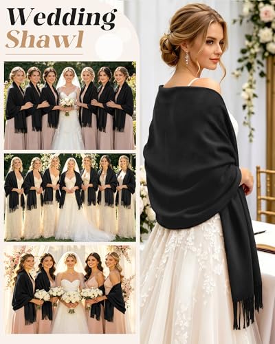 Winter Scarf for Women Pashmina Shawls and Wraps for Evening Dresses Wedding Party Bridesmaid Warm Long Scarves Shawl - color: Black