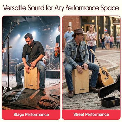 Pyle Jam - Wooden Cajon - Handcrafted Stringed Lightweight Percussion Box With Internal Guitar Strings, Rubber Capped Feet, Suitable For All Ages