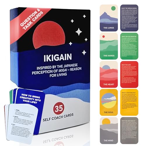 Ikigai Self-Discovery Cards — 35 Question & Task Cards Built Around the 5-Chapter Method | Find Your Passion, Purpose & Reason for Living | Japanese Mindfulness Gift for Men & Women
