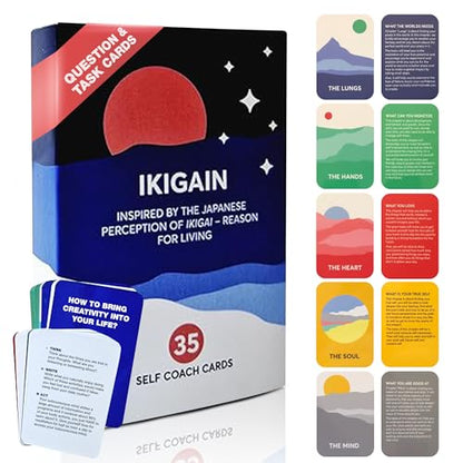 Ikigai Self-Discovery Cards — 35 Question & Task Cards Built Around the 5-Chapter Method | Find Your Passion, Purpose & Reason for Living | Japanese Mindfulness Gift for Men & Women