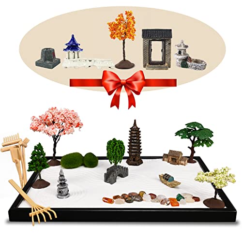 14" x 10" Large Japanese Zen Garden Kit for Desk – Includes 25+ Accessories: Sand Tray, Rake, Trees, Incense Burner, Bridge, Well, Door – Calming Decor Gift for Women, Mindfulness & Stress Relief - size: 14 x 10 inches