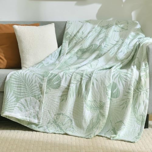 100% Cotton Muslin Throw Blanket Twin 68"x90", Vintage Indoor and Outdoor Use, Reversible and Breathable Fabric for Yard Picnics, Bedding or Chair Cover, Green Leaves - color: Root={'value': "['Green']"}, size: \'Twin (66" x 90")\'