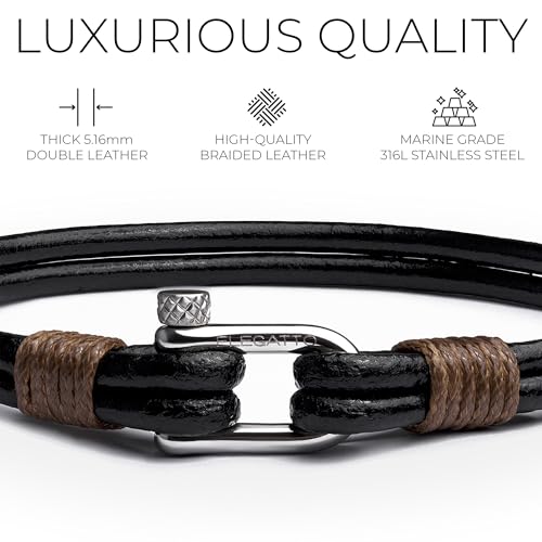 Elegatto Helix Premium Vintage Leather Bracelet for Men | Double Black Leather Strands with Sterling Silver Polished Mini Shackle Closure | Men’s Designer Jewelry