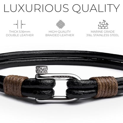 Elegatto Helix Premium Vintage Leather Bracelet for Men | Double Black Leather Strands with Sterling Silver Polished Mini Shackle Closure | Men’s Designer Jewelry