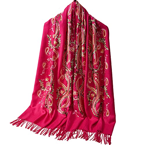 Embroidered Brushed Shawl Paisley Leaves Pattern Scarf Soft Ponchos Wrap Cape With Fringes - color: 03-fushcia