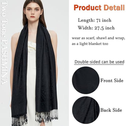 Pashmina Shawl Wrap with Ethnic Paisley Two Tone Jacquard Scarf for Women - color: Paisley-black