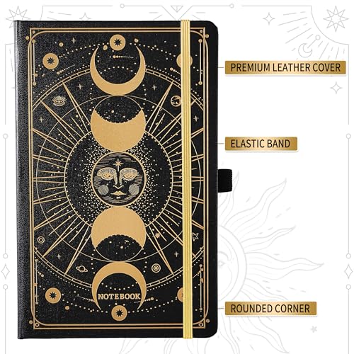 Artfan Ruled Notebook/Journal – Premium Thick Paper Classic Writing Notebook with Pocket + Page Dividers Gifts, Banded, Large, 128 Pages, Hard Cover, Lined (5.3" x 8.26") - Sun and Moon - color: BLACK16
