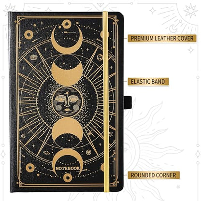 Artfan Ruled Notebook/Journal – Premium Thick Paper Classic Writing Notebook with Pocket + Page Dividers Gifts, Banded, Large, 128 Pages, Hard Cover, Lined (5.3" x 8.26") - Sun and Moon - color: BLACK16