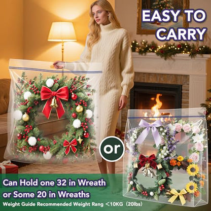 Extra Large Clear Wreath Storage Plastic Bag with Handle For Halloween Summer Christmas Decoration or Clothing Blanket Comforters Bed Sheets Pillows, 4 Pack, 34"x34"x7"