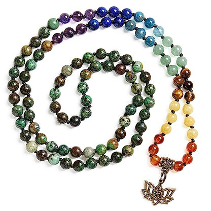 Bivei 7 Chakra 108 Mala Beads Bracelet Real Gemstone Yoga Meditation Hand Knotted Mala Prayer Bead Necklace - size: 6mm, style: Lotus OM - African Turquoise