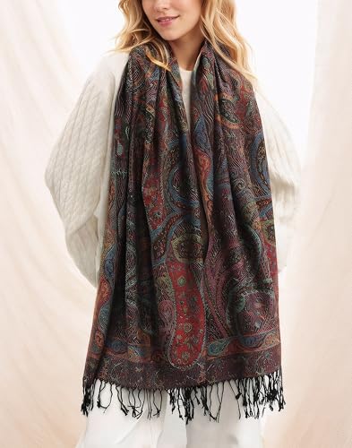 Achillea Reversible Paisley Pashmina Rave Scarf – Exotic Indian Shawls and Wraps for Evening Dresses, Festivals, All Seasons - color: Tapestry Black