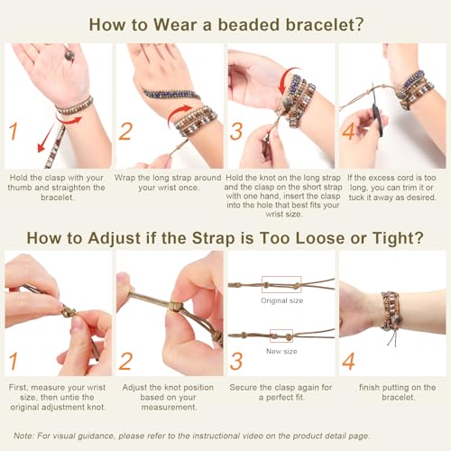 JR.DM Boho Beaded Bracelets for Women - Handmade Adjustable Crystal Natural Stone Bead Wrap Bracelets, Bohemian Jewelry Braided for Unique Birthday Gifts - color: A3 Khaki Natural Stone