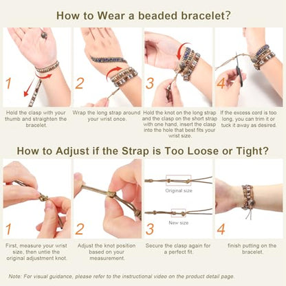 JR.DM Boho Beaded Bracelets for Women - Handmade Adjustable Crystal Natural Stone Bead Wrap Bracelets, Bohemian Jewelry Braided for Unique Birthday Gifts - color: A3 Khaki Natural Stone
