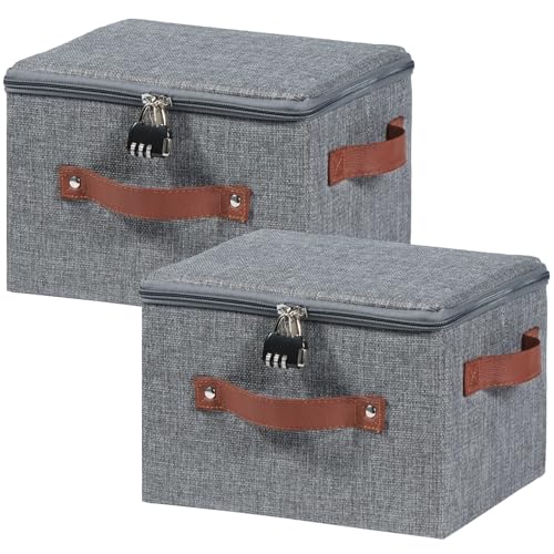 2PCS Storage Bins Boxes with Zipper Lid Combination Lock Cotton Linen Fabric Lidded Lockable Baskets PU Leather Handles Collapsible Washable Closet Shelf Organizer Container (Gray, Small) - color: Gray, size: Small ( Set of 2 )