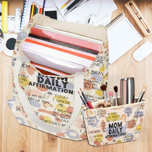 Daily Affirmations for Women, 2PCS Cosmetic Bag Canvas Tote Bag Beach Bags with Pocket Makeup Bags Mom Gifts Mental Health Gifts Inspirational Gift for Women Mother Mama Daughter Birthday Mothers Day - color: Mom Affirmations 0937