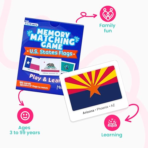 Menique U.S. States Flags Memory Matching Game – 100 Cards (50 Pairs) – Learn State Flags, Capitals & Abbreviations – Educational Card Game for Kids and Adults - style: U.S. States Flags