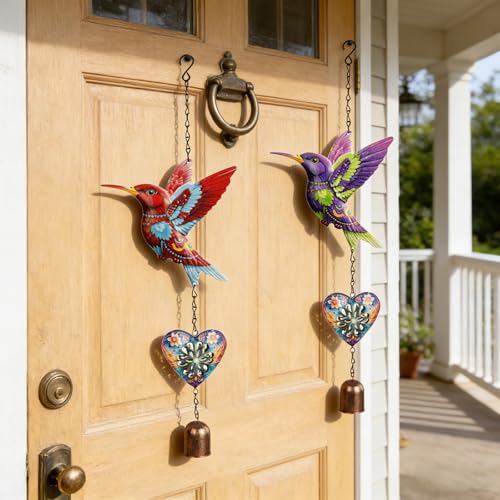 Metal Hummingbird Hanging Decor, Bird Wind Chime Bell Hanging Decor for Outdoor Garden Yard Doors Walls Living Rooms Bedrooms, 2 Pack (Bird-b-Heart) - style: bird-b-heart