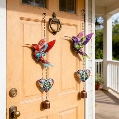 Metal Hummingbird Hanging Decor, Bird Wind Chime Bell Hanging Decor for Outdoor Garden Yard Doors Walls Living Rooms Bedrooms, 2 Pack (Bird-b-Heart) - style: bird-b-heart