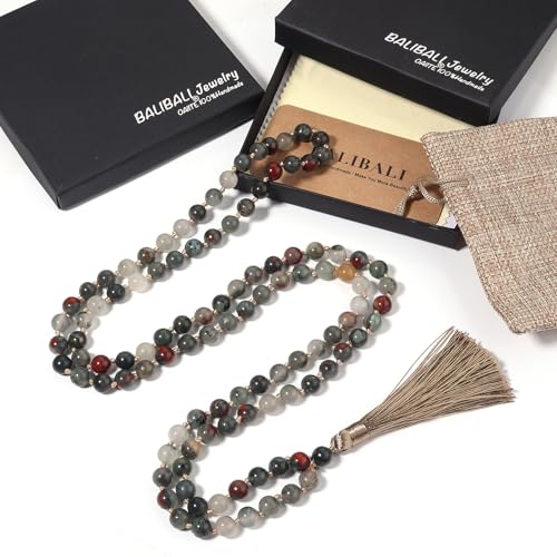 8MM Beads Chakra Long Mala Necklace Natural Stone Meditation Statement Necklace Japa Yoga Buddhist Rosary Prayer Charm Beaded Tassel Necklace - color: Bloodstone