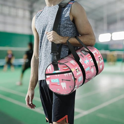 Teeth Dental Seamless Pattern Pink Cylindrical Portable Fitness Bag, Large Capacity Handbag - color: Teeth Dental Seamless Pattern Pink