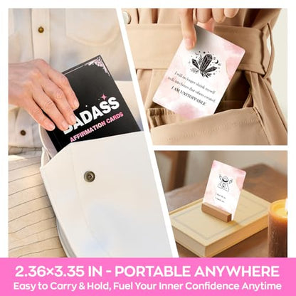 HIONXMGA Badass Affirmation Cards for Women, 60 Double Sided Inspirational and Motivational Cards, 118 Unique Positive Quotes for Daily Self Care, Empowering Gifts for Women, Friends & Coworkers
