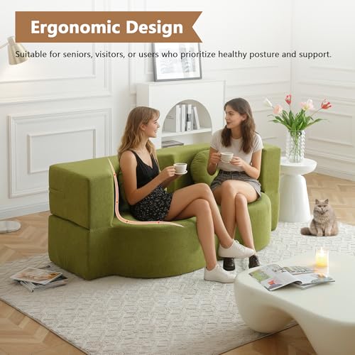 2-in-1 Folding Sofa Bed with Pillow, No Assembly Futon Twin Size Sofa Bed, Breathable Linen-Cotton Convertible Couch Bed for Living Room and Guest Room, 75.5 Inch,Green - color: Green-75.55", size: 2 seat