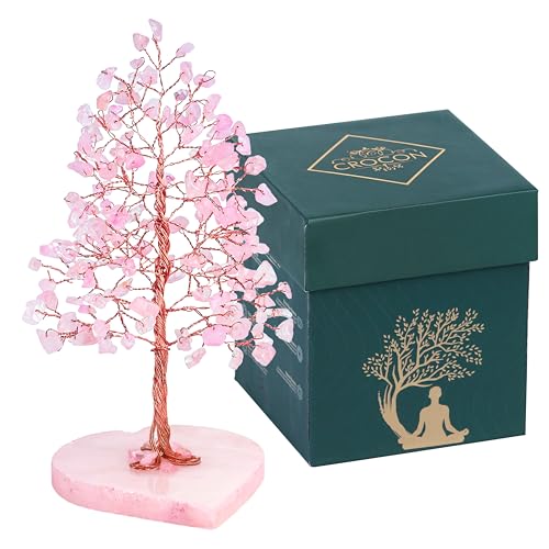 Crocon Crystal Heart Base Tree of Life Gifts for Women, Rose Quartz Healing Crystals Tree Brings Positive Energy, Good Luck, Money, Feng Shui Home & Office Desk Decor, for Mom & Wife Present - color: 002c Rose Quartz (Quartz Tree)