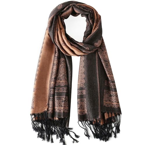 Ciormis Two Tone Silky Paisley Pashmina Shawl Scarf,Soft Women's Rave Jacquard Pashminas Wrap Scarves - color: L#. Camel Paisley